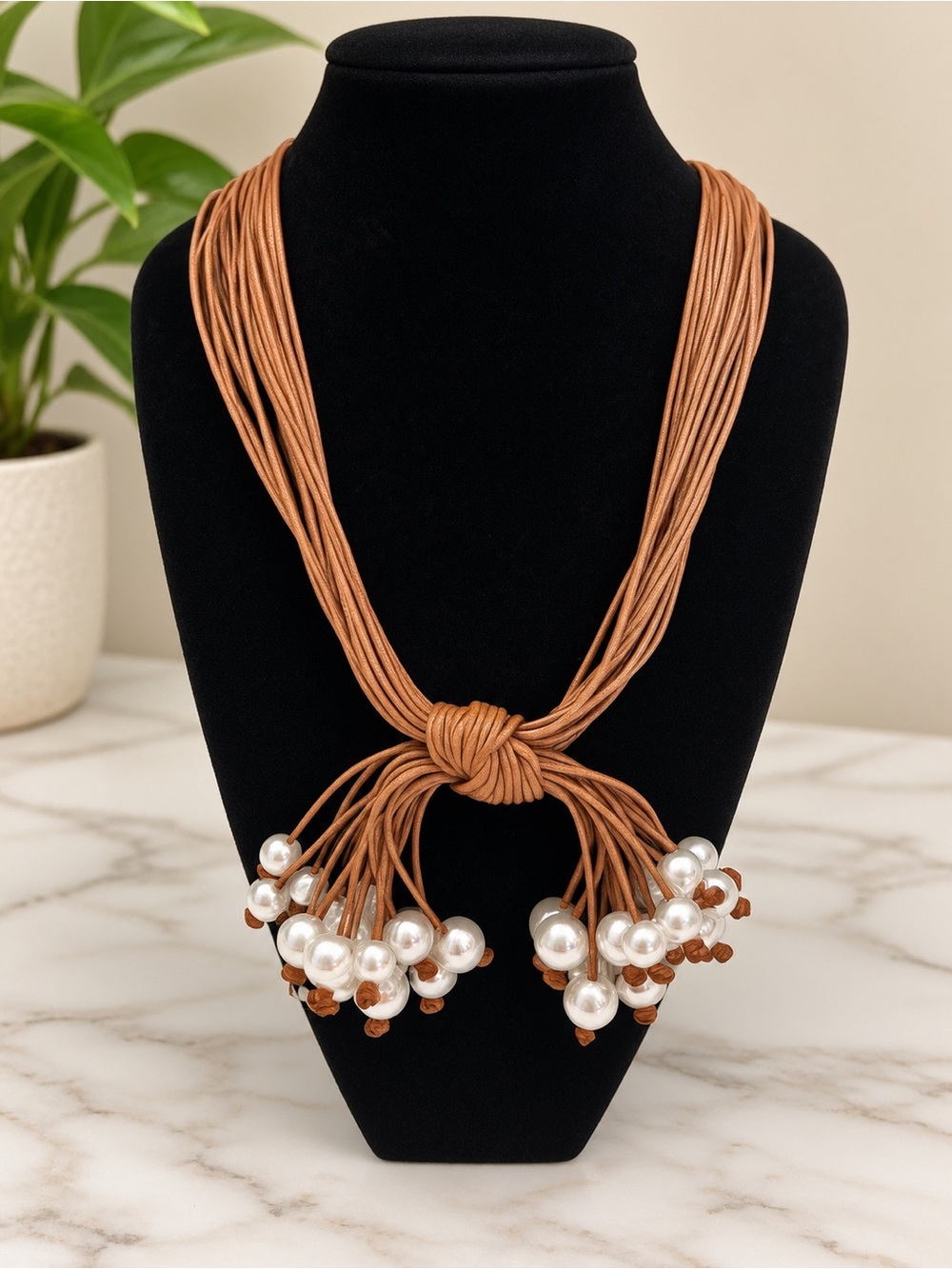 Leather Cord Pearl Cluster Necklace in Tan